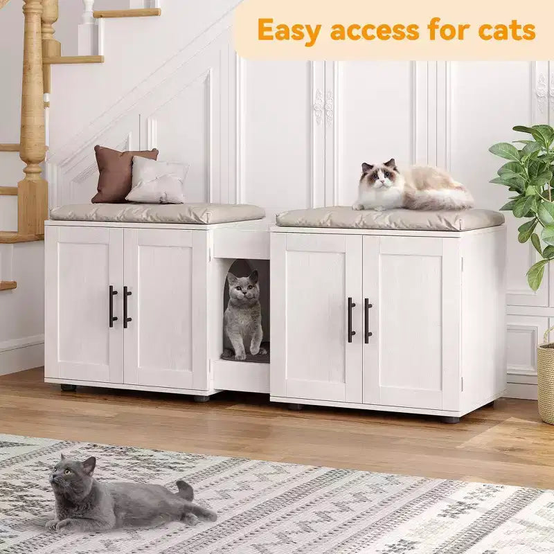 55 Double Litter Box Enclosure for 2 Cats, TV Stand, Waterproof Easy-Clean Surface, Cabinet Buckles & Storage Grooves, Pet Furniture for Living Room
