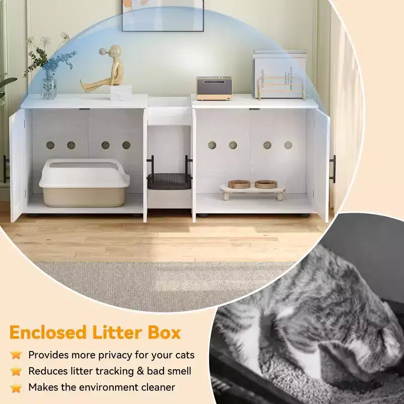 55 Double Litter Box Enclosure for 2 Cats, TV Stand, Waterproof Easy-Clean Surface, Cabinet Buckles & Storage Grooves, Pet Furniture for Living Room