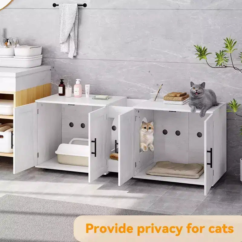55 Double Litter Box Enclosure for 2 Cats, TV Stand, Waterproof Easy-Clean Surface, Cabinet Buckles & Storage Grooves, Pet Furniture for Living Room