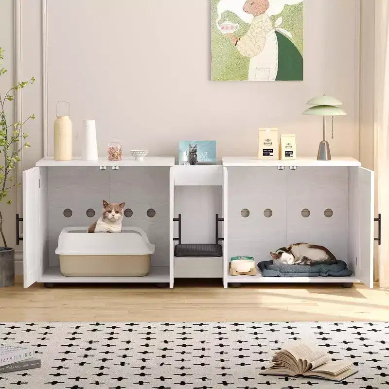 55 Double Litter Box Enclosure for 2 Cats, TV Stand, Waterproof Easy-Clean Surface, Cabinet Buckles & Storage Grooves, Pet Furniture for Living Room