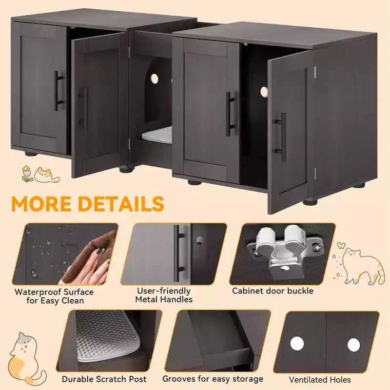 55 Double Litter Box Enclosure for 2 Cats, TV Stand, Waterproof Easy-Clean Surface, Cabinet Buckles & Storage Grooves, Pet Furniture for Living Room