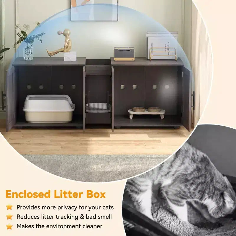 55 Double Litter Box Enclosure for 2 Cats, TV Stand, Waterproof Easy-Clean Surface, Cabinet Buckles & Storage Grooves, Pet Furniture for Living Room