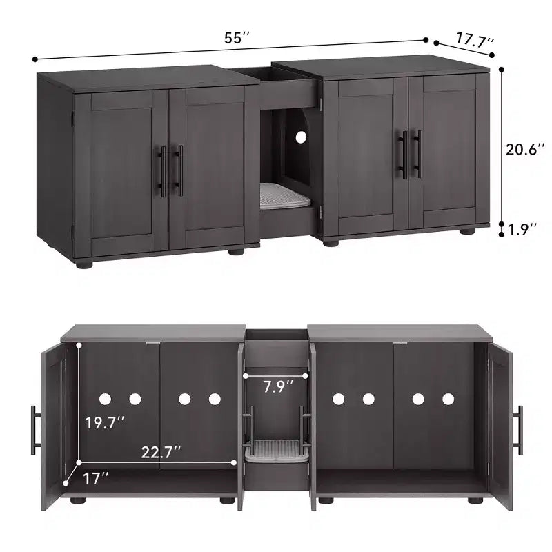 55 Double Litter Box Enclosure for 2 Cats, TV Stand, Waterproof Easy-Clean Surface, Cabinet Buckles & Storage Grooves, Pet Furniture for Living Room
