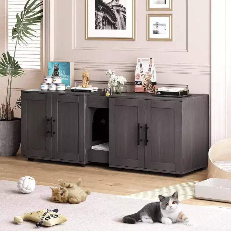 55 Double Litter Box Enclosure for 2 Cats, TV Stand, Waterproof Easy-Clean Surface, Cabinet Buckles & Storage Grooves, Pet Furniture for Living Room