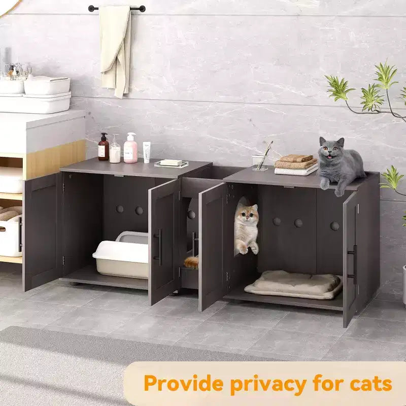 55 Double Litter Box Enclosure for 2 Cats, TV Stand, Waterproof Easy-Clean Surface, Cabinet Buckles & Storage Grooves, Pet Furniture for Living Room