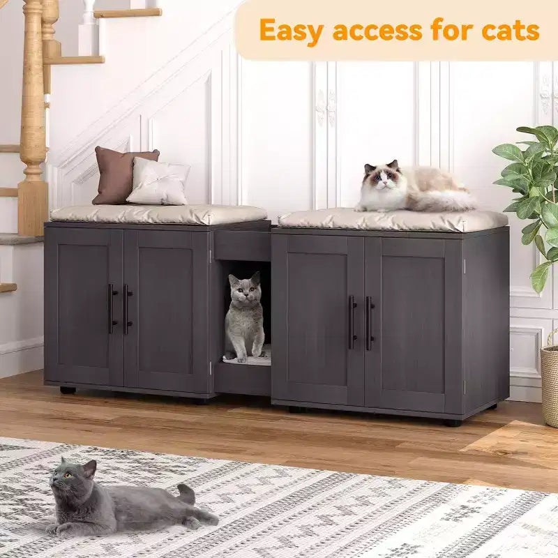 55 Double Litter Box Enclosure for 2 Cats, TV Stand, Waterproof Easy-Clean Surface, Cabinet Buckles & Storage Grooves, Pet Furniture for Living Room
