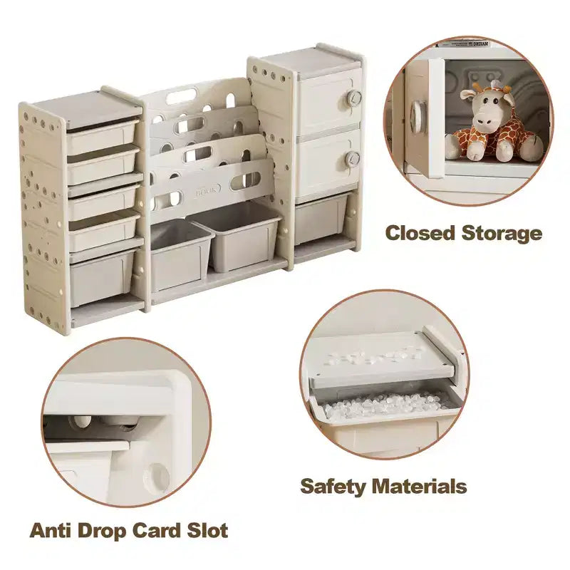 Toy Storage Organizer for Kids, 8 Removable Bins, 4-Tier Bookshelf, 2 Cabinets, Multi-Purpose Children's Shelf for Playroom