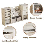 Toy Storage Organizer for Kids, 8 Removable Bins, 4-Tier Bookshelf, 2 Cabinets, Multi-Purpose Children's Shelf for Playroom