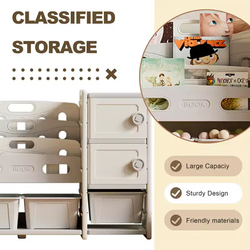 Toy Storage Organizer for Kids, 8 Removable Bins, 4-Tier Bookshelf, 2 Cabinets, Multi-Purpose Children's Shelf for Playroom