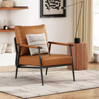 Accent Chair, Mid-Century Modern, Brown Faux Leather, Padded High Backrest, Metal Frame, Wood Armrests, for Living Room Bedroom Office