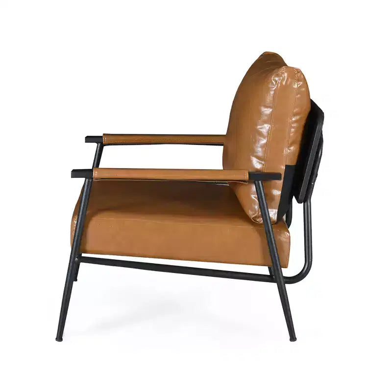 Accent Chair, Mid-Century Modern, Brown Faux Leather, Padded High Backrest, Metal Frame, Wood Armrests, for Living Room Bedroom Office