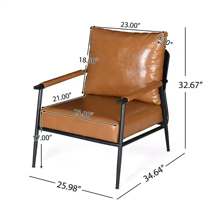 Accent Chair, Mid-Century Modern, Brown Faux Leather, Padded High Backrest, Metal Frame, Wood Armrests, for Living Room Bedroom Office