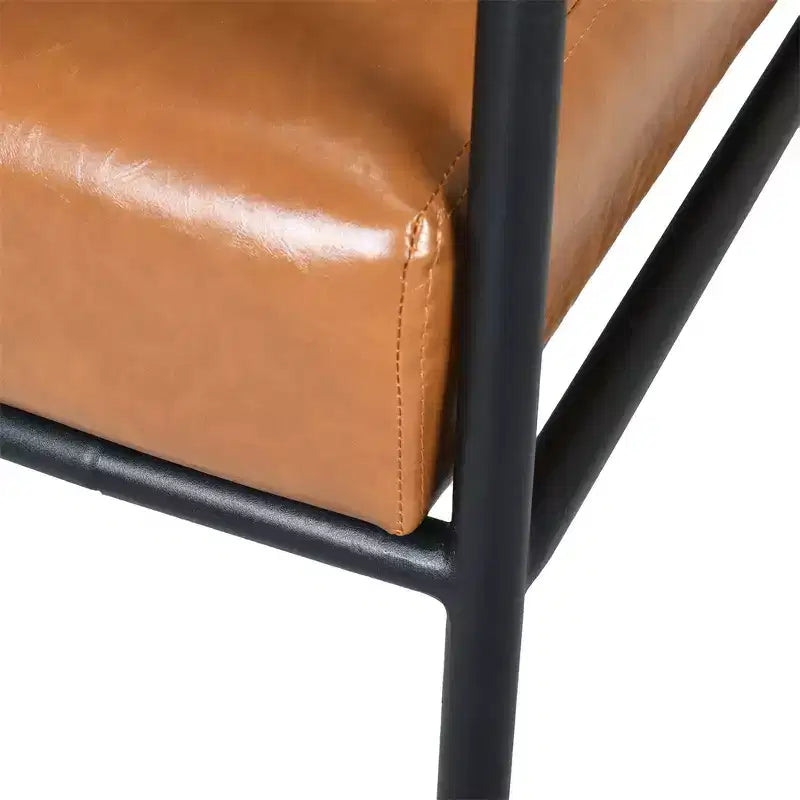 Accent Chair, Mid-Century Modern, Brown Faux Leather, Padded High Backrest, Metal Frame, Wood Armrests, for Living Room Bedroom Office