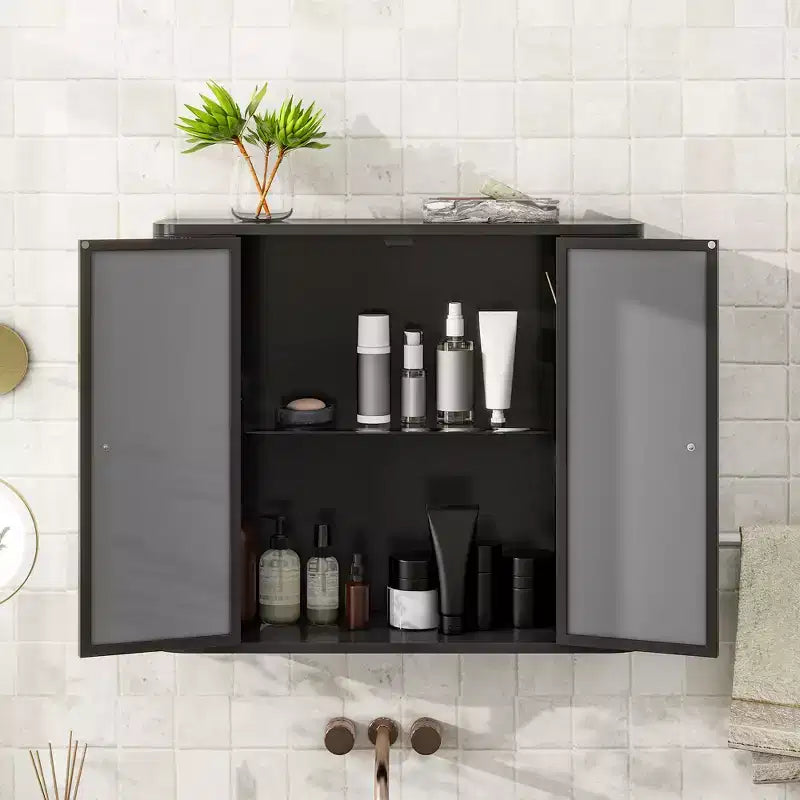 Wall-Mounted Bathroom Vanity with Mirror, Two Mirrored Doors,and Open Shelves; Style Metal Frame Storage Cabinet with Open Compartments