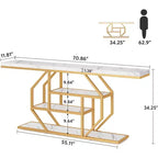 Lantine 70.9-Inch Extra Long Console Table, Modern Gold Sofa Table with 4-Tier Storage for Living Room, Hallway, Entrance, Faux Marble White