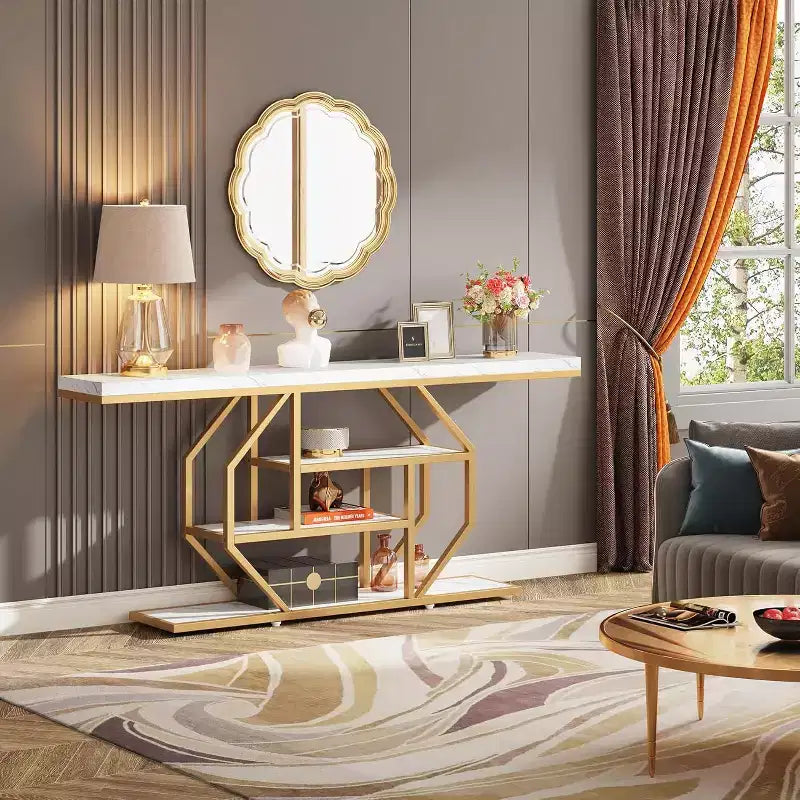 Lantine 70.9-Inch Extra Long Console Table, Modern Gold Sofa Table with 4-Tier Storage for Living Room, Hallway, Entrance, Faux Marble White