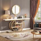 Lantine 70.9-Inch Extra Long Console Table, Modern Gold Sofa Table with 4-Tier Storage for Living Room, Hallway, Entrance, Faux Marble White