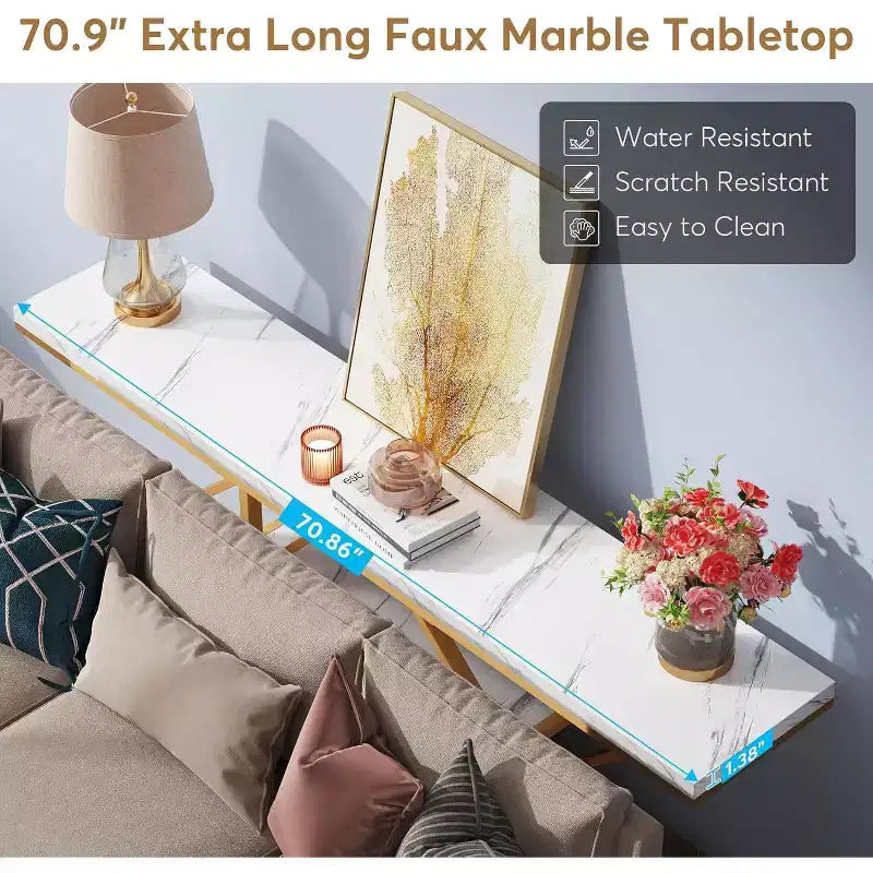 Lantine 70.9-Inch Extra Long Console Table, Modern Gold Sofa Table with 4-Tier Storage for Living Room, Hallway, Entrance, Faux Marble White