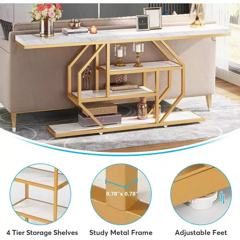 Lantine 70.9-Inch Extra Long Console Table, Modern Gold Sofa Table with 4-Tier Storage for Living Room, Hallway, Entrance, Faux Marble White