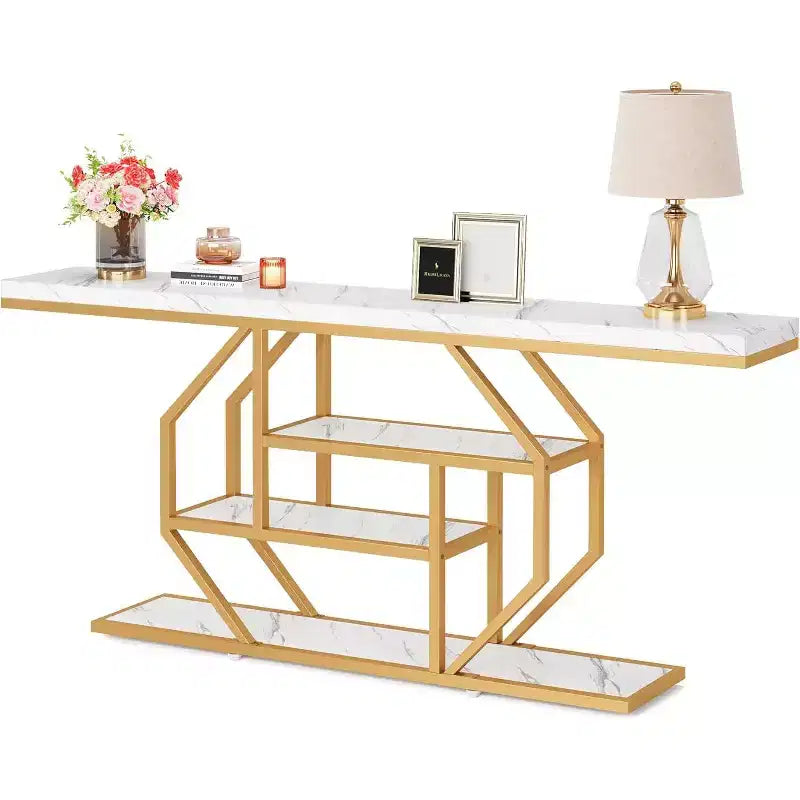 Lantine 70.9-Inch Extra Long Console Table, Modern Gold Sofa Table with 4-Tier Storage for Living Room, Hallway, Entrance, Faux Marble White
