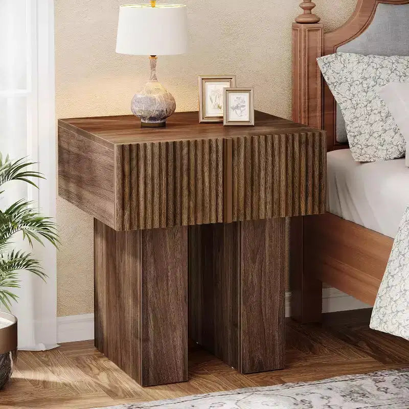 Lantine Fluted Nightstand, Wooden Night Stand with Storage Drawer, Modern Bedside Table Side End Table for Bedroom