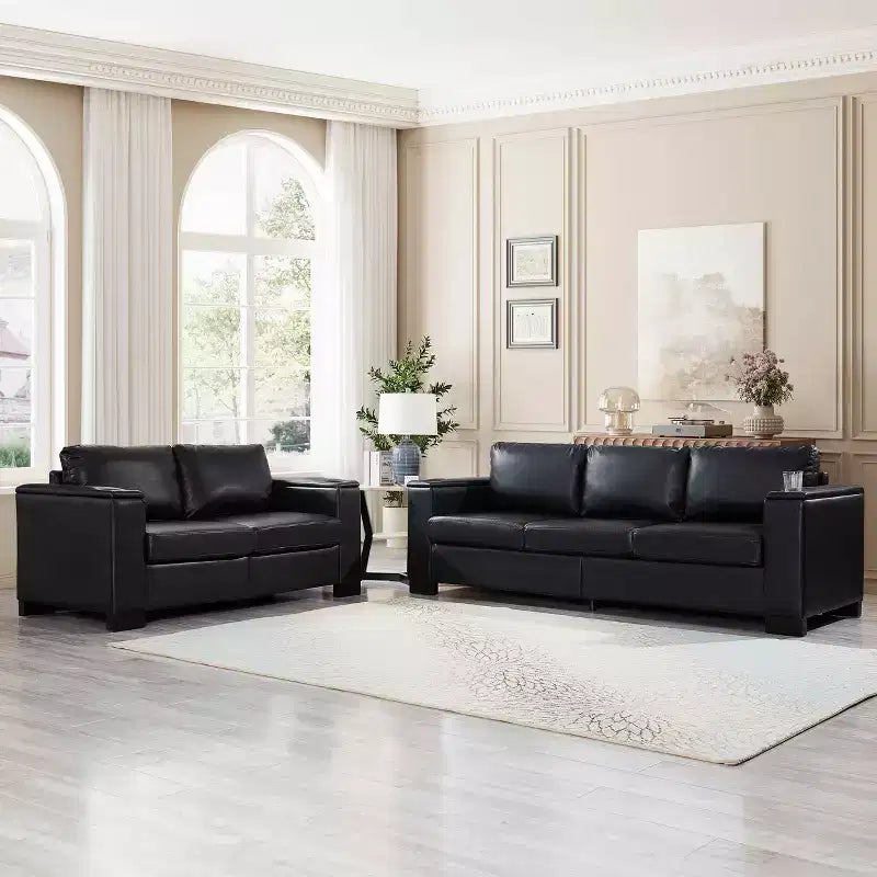 MAYEERTY Two Pieces 2+3 Seater Sectional Sofa with Cup Holder Square Arm Upholstered Faux Leather for Living Room Black