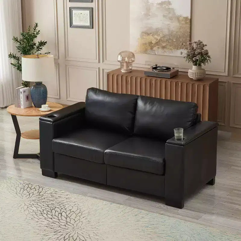 MAYEERTY Two Pieces 2+3 Seater Sectional Sofa with Cup Holder Square Arm Upholstered Faux Leather for Living Room Black