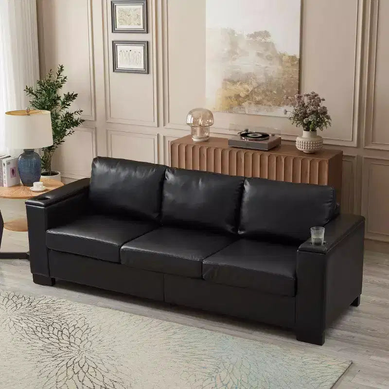 MAYEERTY Two Pieces 2+3 Seater Sectional Sofa with Cup Holder Square Arm Upholstered Faux Leather for Living Room Black