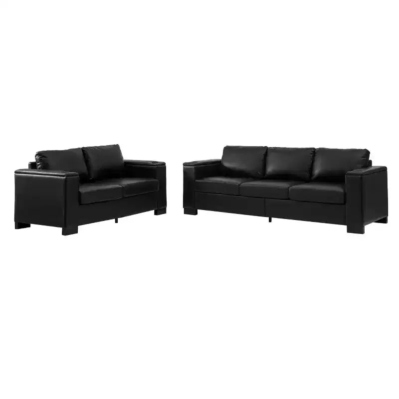 MAYEERTY Two Pieces 2+3 Seater Sectional Sofa with Cup Holder Square Arm Upholstered Faux Leather for Living Room Black