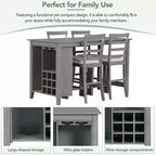 Farmhouse 5 Pieces Counter Height Dining Set with Chairs for 4, Wooden Rectangular Table with Storage Shelves and Bar Wine Compartment
