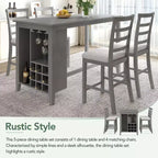 Farmhouse 5 Pieces Counter Height Dining Set with Chairs for 4, Wooden Rectangular Table with Storage Shelves and Bar Wine Compartment