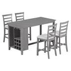 Farmhouse 5 Pieces Counter Height Dining Set with Chairs for 4, Wooden Rectangular Table with Storage Shelves and Bar Wine Compartment