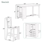 Farmhouse 5 Pieces Counter Height Dining Set with Chairs for 4, Wooden Rectangular Table with Storage Shelves and Bar Wine Compartment