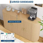 63 Oak Fluted Sideboard Buffet Cabinet, Modern Curved Credenza with Adjustable Shelves, Multipurpose Wood Storage Cabinet for Dining/Living Room