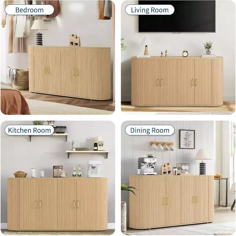 63 Oak Fluted Sideboard Buffet Cabinet, Modern Curved Credenza with Adjustable Shelves, Multipurpose Wood Storage Cabinet for Dining/Living Room