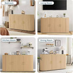 63 Oak Fluted Sideboard Buffet Cabinet, Modern Curved Credenza with Adjustable Shelves, Multipurpose Wood Storage Cabinet for Dining/Living Room