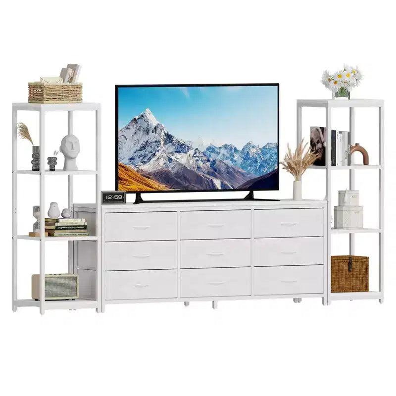 TV Stands Dresser with 9 Fabric Drawers and 2 Industrial 4-Tier Storage Shelves for Living Room