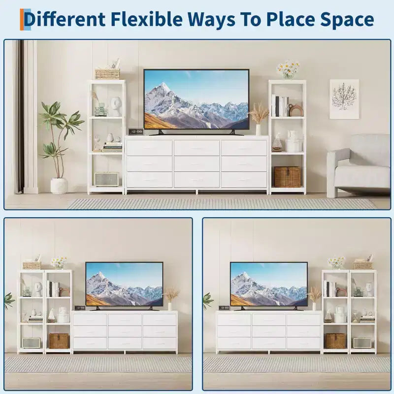 TV Stands Dresser with 9 Fabric Drawers and 2 Industrial 4-Tier Storage Shelves for Living Room