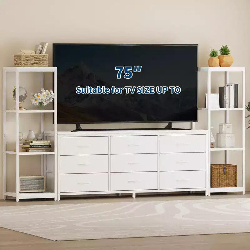 TV Stands Dresser with 9 Fabric Drawers and 2 Industrial 4-Tier Storage Shelves for Living Room