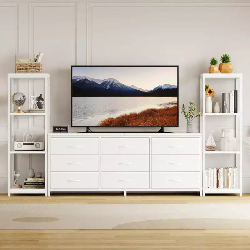 TV Stands Dresser with 9 Fabric Drawers and 2 Industrial 4-Tier Storage Shelves for Living Room