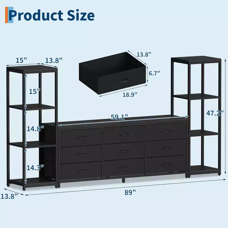 TV Stands Dresser with 9 Fabric Drawers and 2 Industrial 4-Tier Storage Shelves for Living Room