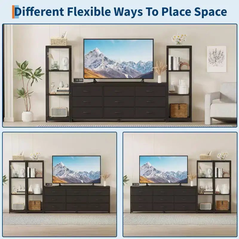 TV Stands Dresser with 9 Fabric Drawers and 2 Industrial 4-Tier Storage Shelves for Living Room