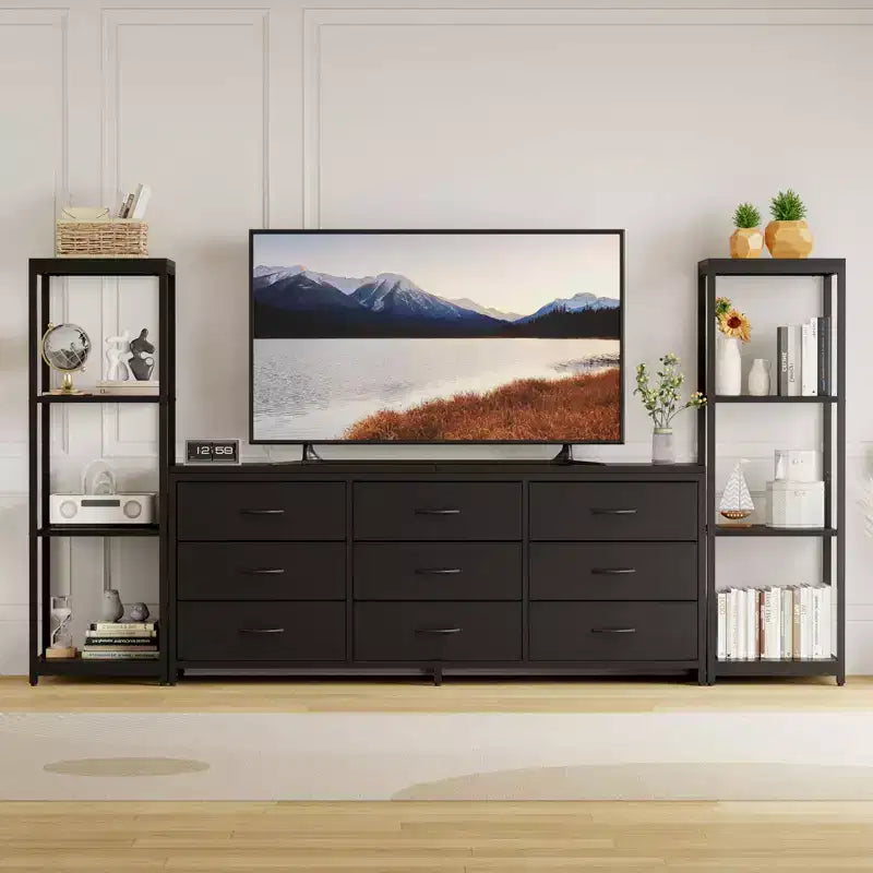 TV Stands Dresser with 9 Fabric Drawers and 2 Industrial 4-Tier Storage Shelves for Living Room