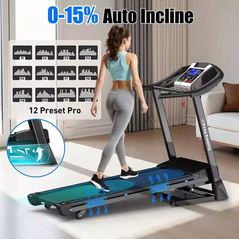 Whisen Electric Foldable Treadmill, 3.5HP Workout Running Machine Walking with Automatic Incline - Black