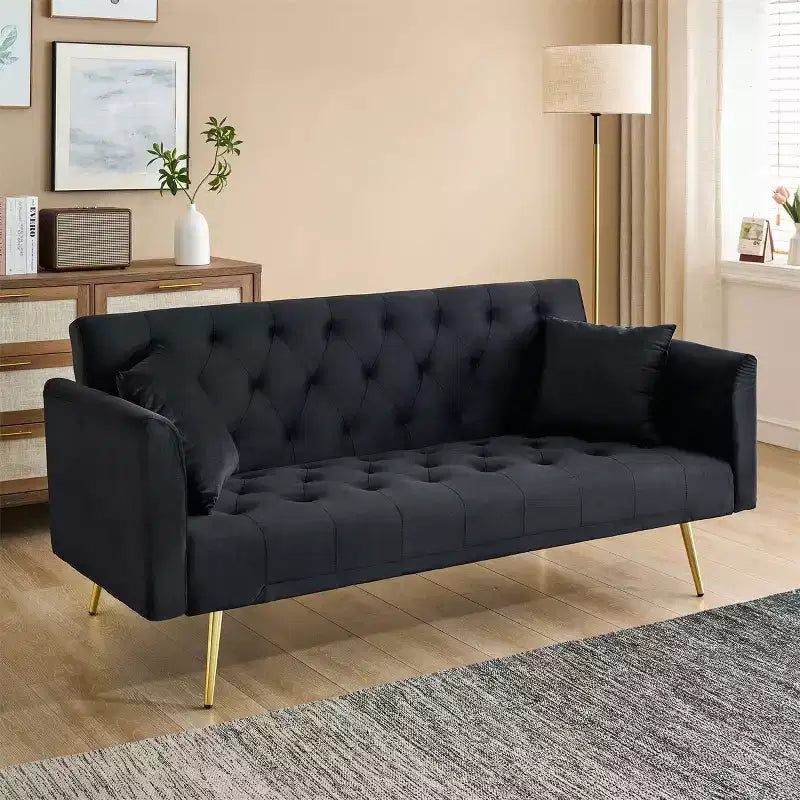 Okak American Style Button Tufted Convertible Sofa Bed with Adjustable Back,Velvet Upholstered Sleeper Couch for Living Room,Apartment