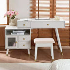 Okak 3-IN-1 Makeup Vanity with Flip-Top Mirror & Adjustable Cabinet, Dressing Table with Padding Stool, Vanity Table for Bedroom, White