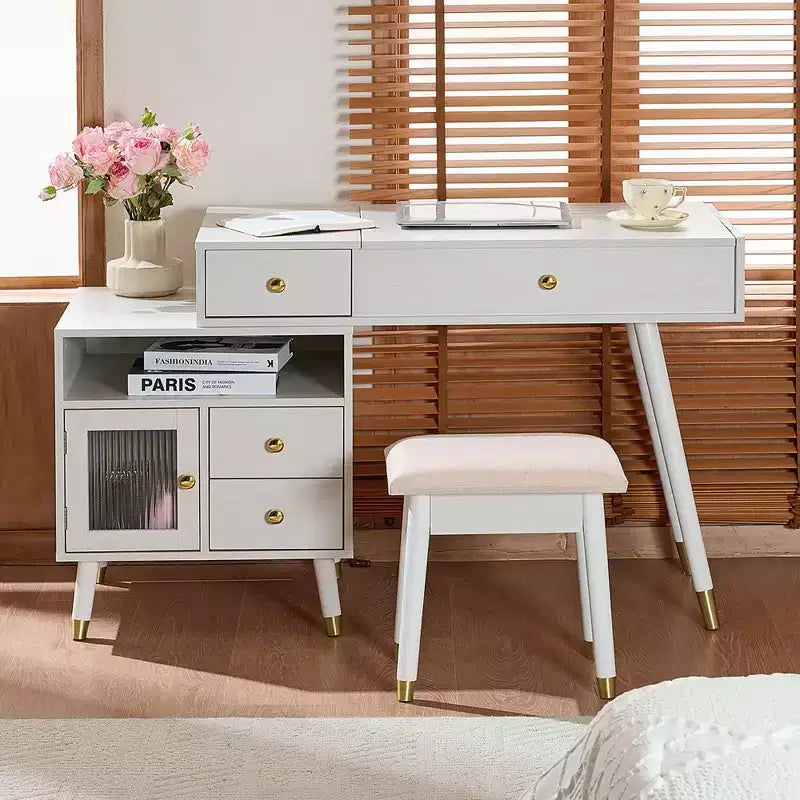 Okak 3-IN-1 Makeup Vanity with Flip-Top Mirror & Adjustable Cabinet, Dressing Table with Padding Stool, Vanity Table for Bedroom, White