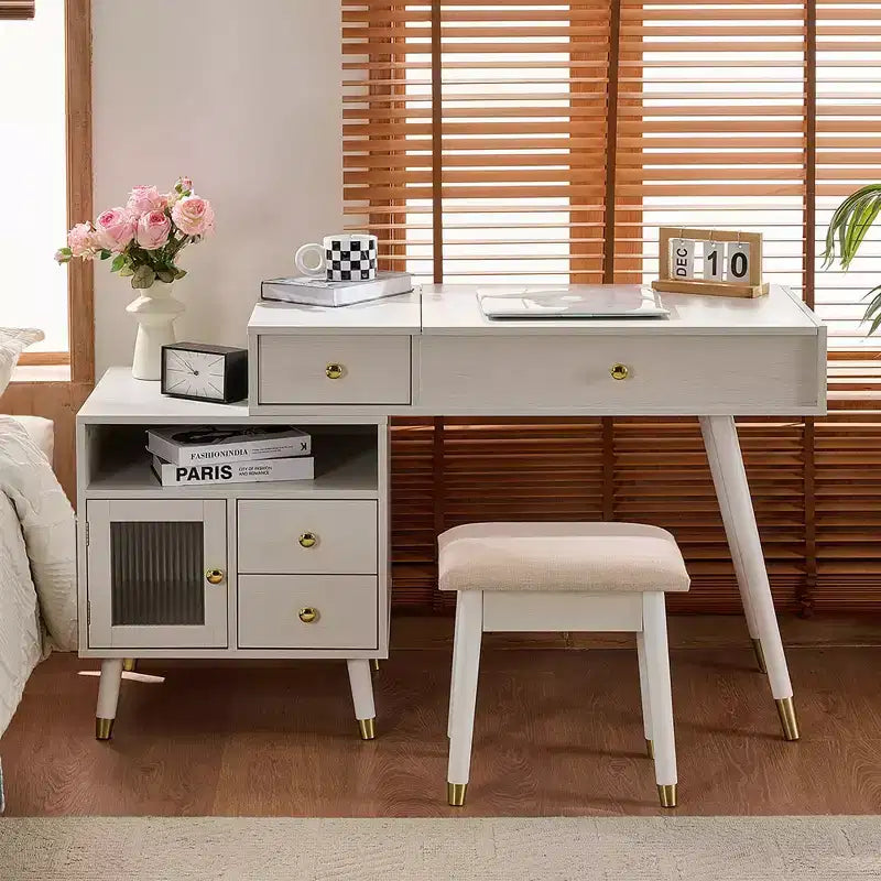 Okak 3-IN-1 Makeup Vanity with Flip-Top Mirror & Adjustable Cabinet, Dressing Table with Padding Stool, Vanity Table for Bedroom, White