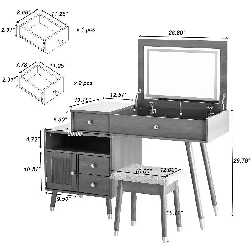 Okak 3-IN-1 Makeup Vanity with Flip-Top Mirror & Adjustable Cabinet, Dressing Table with Padding Stool, Vanity Table for Bedroom, White