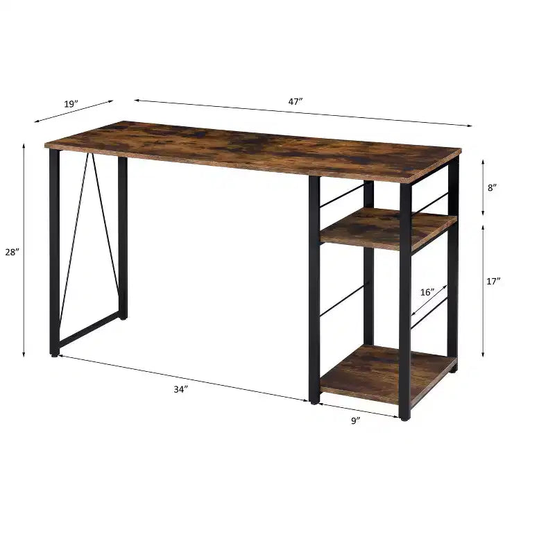 TUYOHW Weathered Oak Finish Writing Desk,Writing Table with 2-Tier Shelves,Metal Open Base,Rectangular Study Desk for Home Office,Bedroom